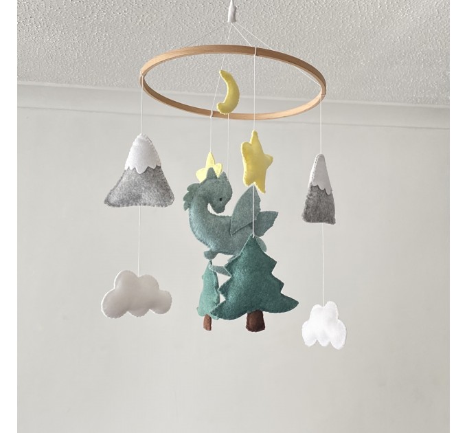 Dragon baby mobile for Fantasy nursery decor Fairy tale nursery baby room decor Mountain and tree Gender neutral baby shower gift