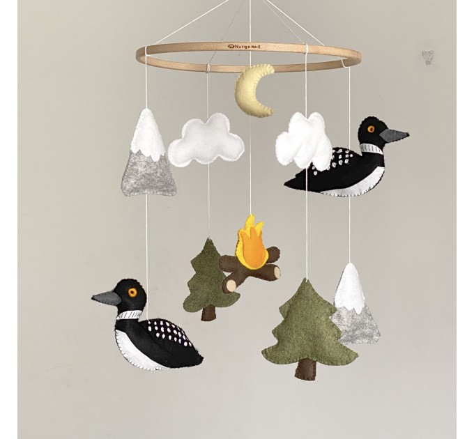 Loon bird and Trees baby  crib mobile Woodland nursery mobile Camping cot mobile