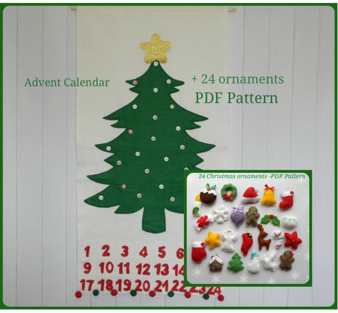 Felt Christmas Tree Advent Calendar PDF Pattern + ornaments